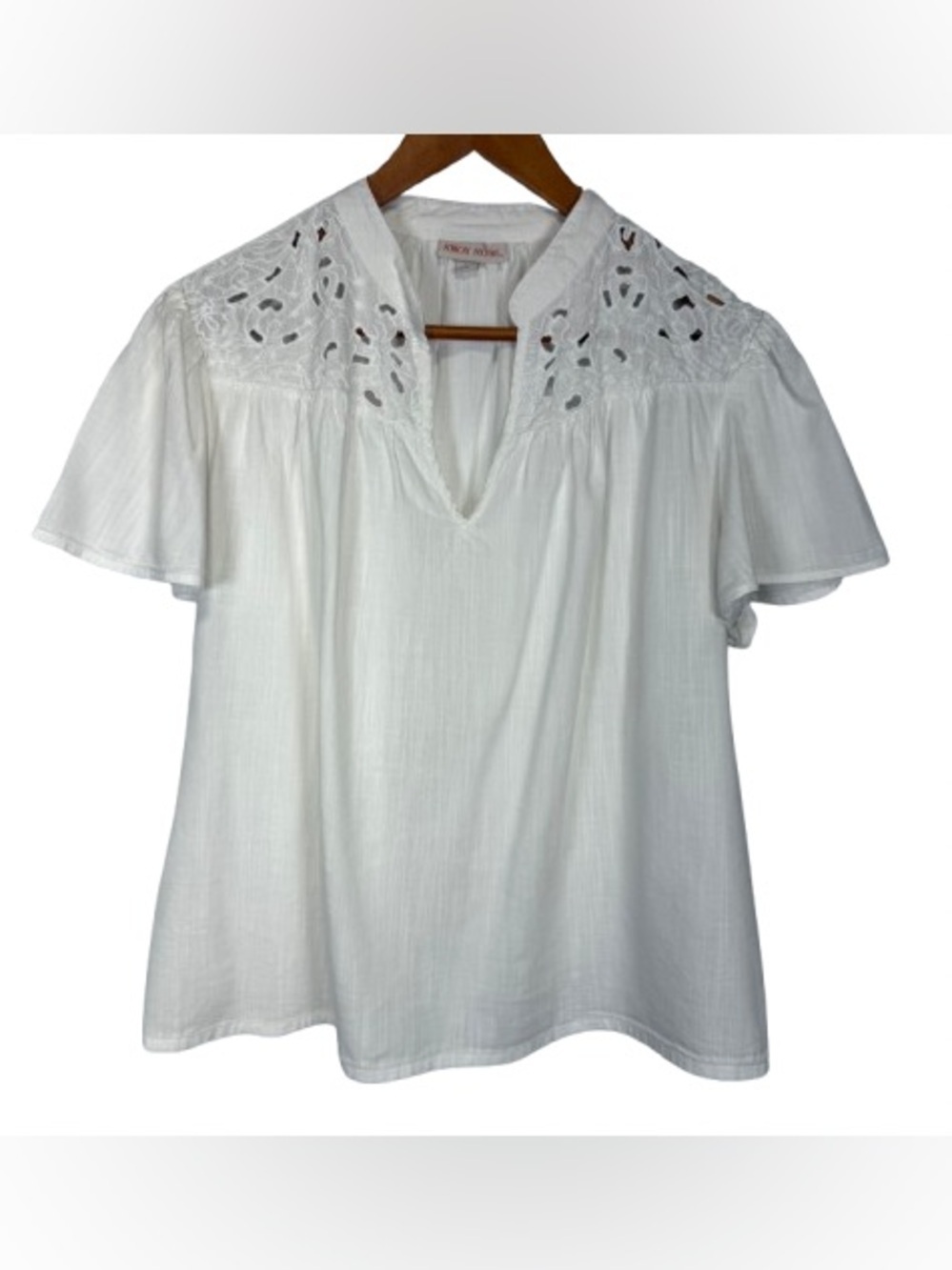 Knox Rose White Embroidered Eyelet Yoke Boho Peasant Blouse XL